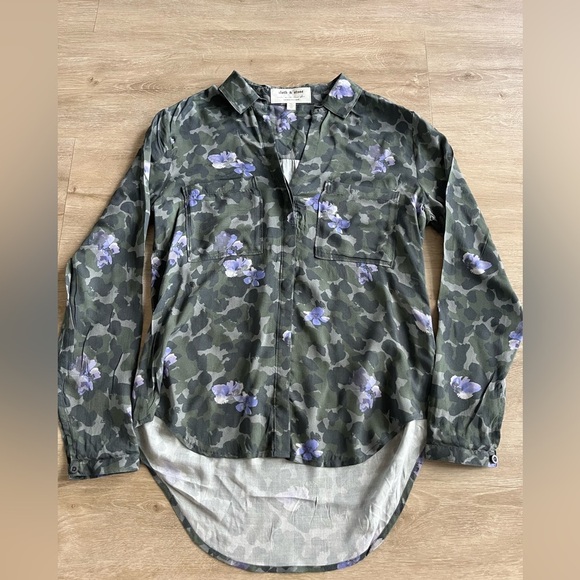 Anthropologie CLOTH & STONE Nina Shirt Button Camo Floral Green Purple SZ XS - Picture 2 of 8